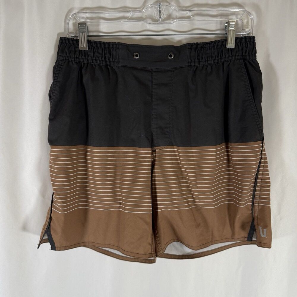 Vuori Swim Trunks Men's 30 Grey Brown Striped Zip Pocket 6.5" Inseam